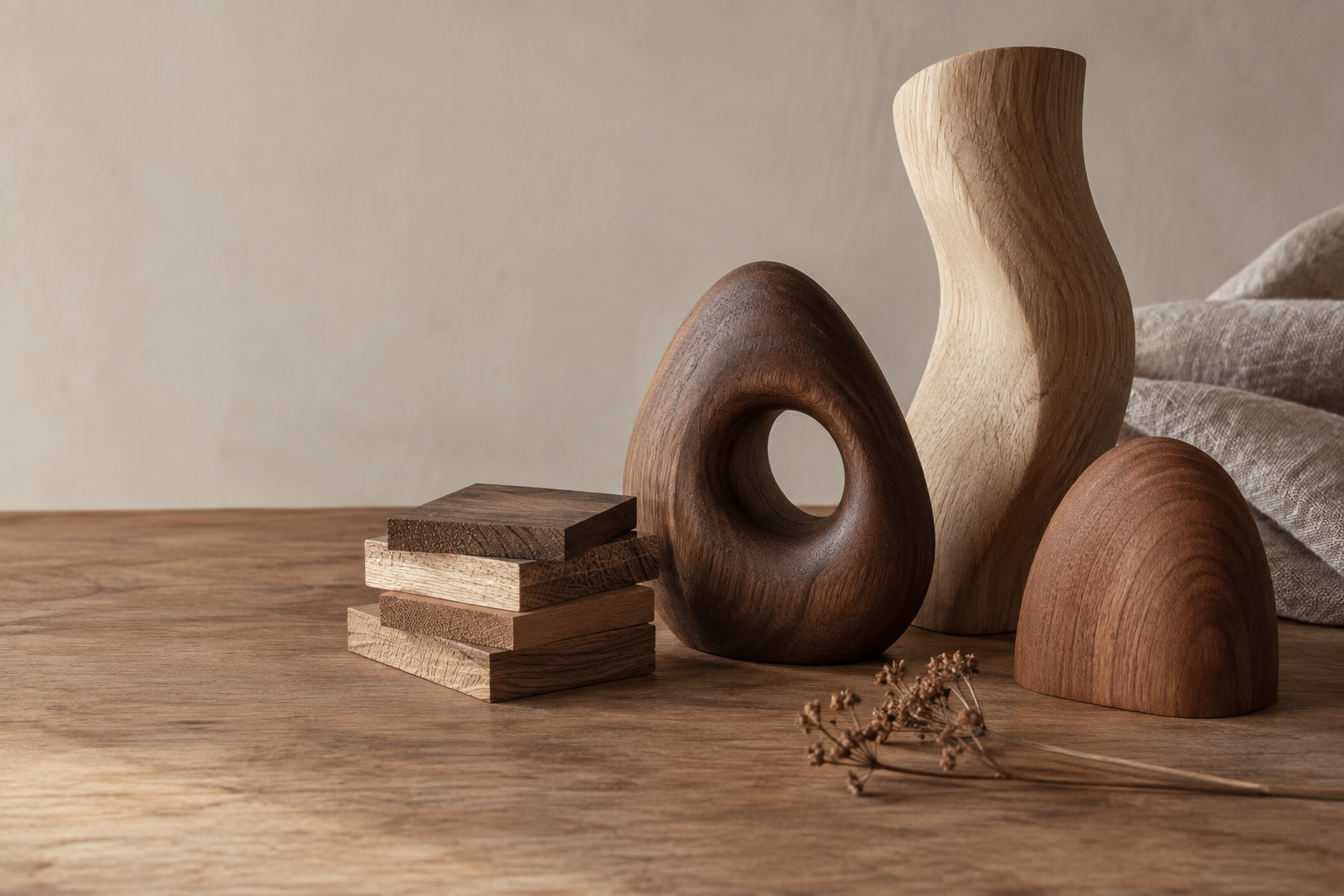 Sculptural wood form in a warm minimal interior