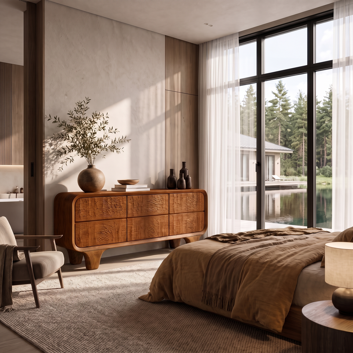 Low sideboard in a bedroom beside floor-to-ceiling windows onto trees