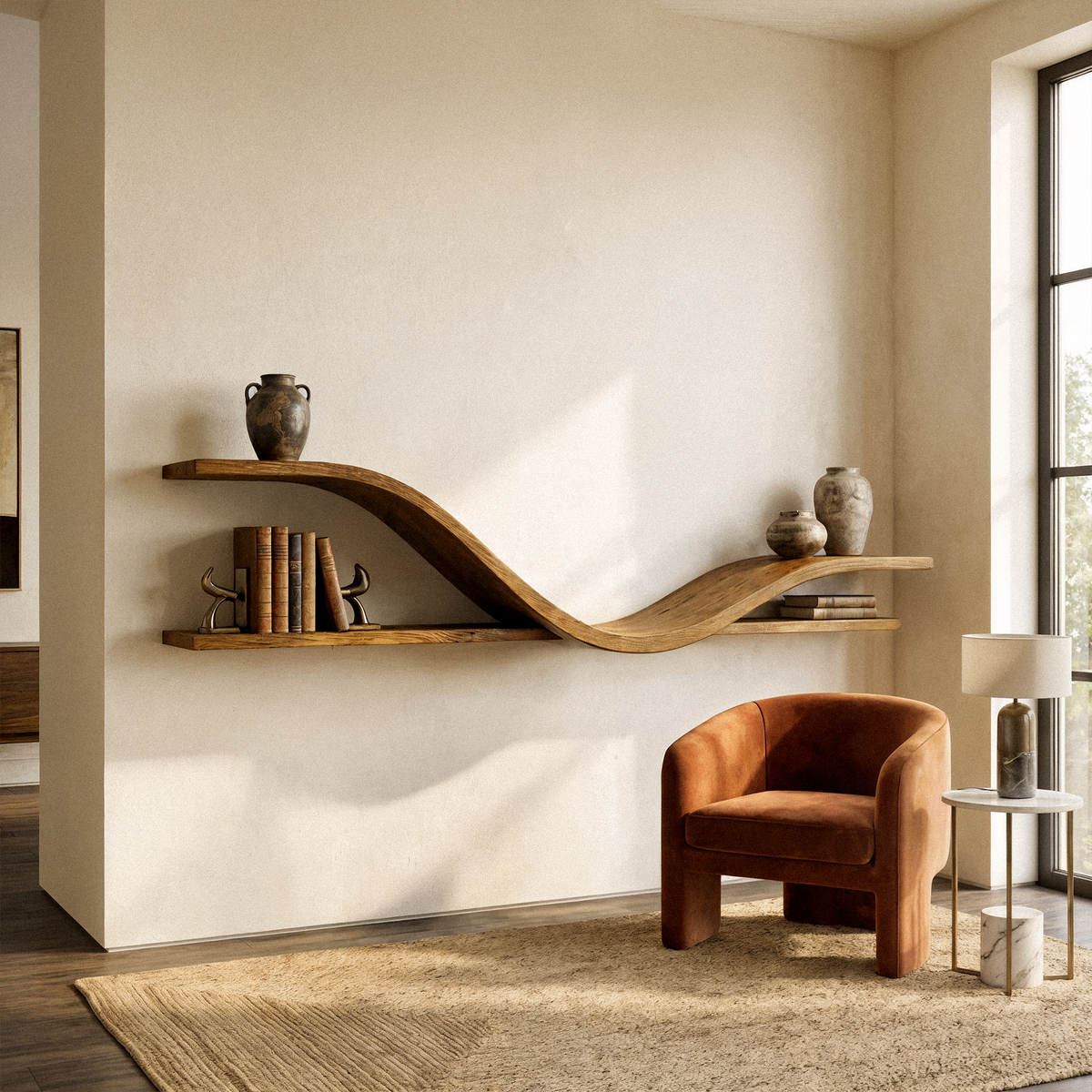 Long curved wall shelf holding ceramics, with a small armchair below