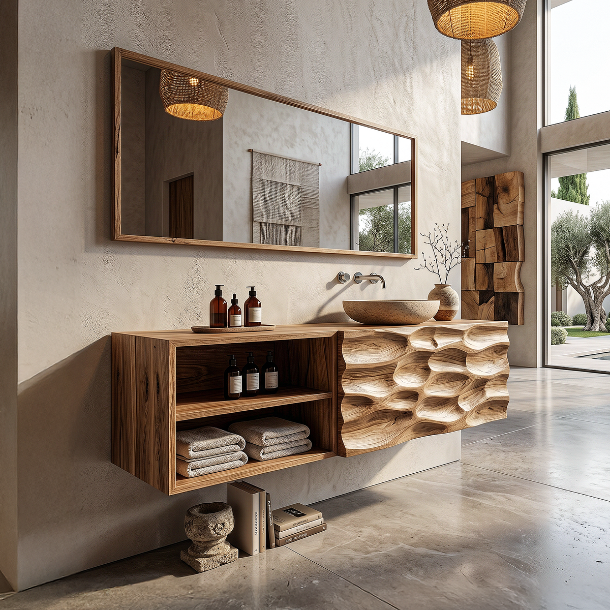 Wall-mounted bathroom vanity with open shelving below and a long mirror above