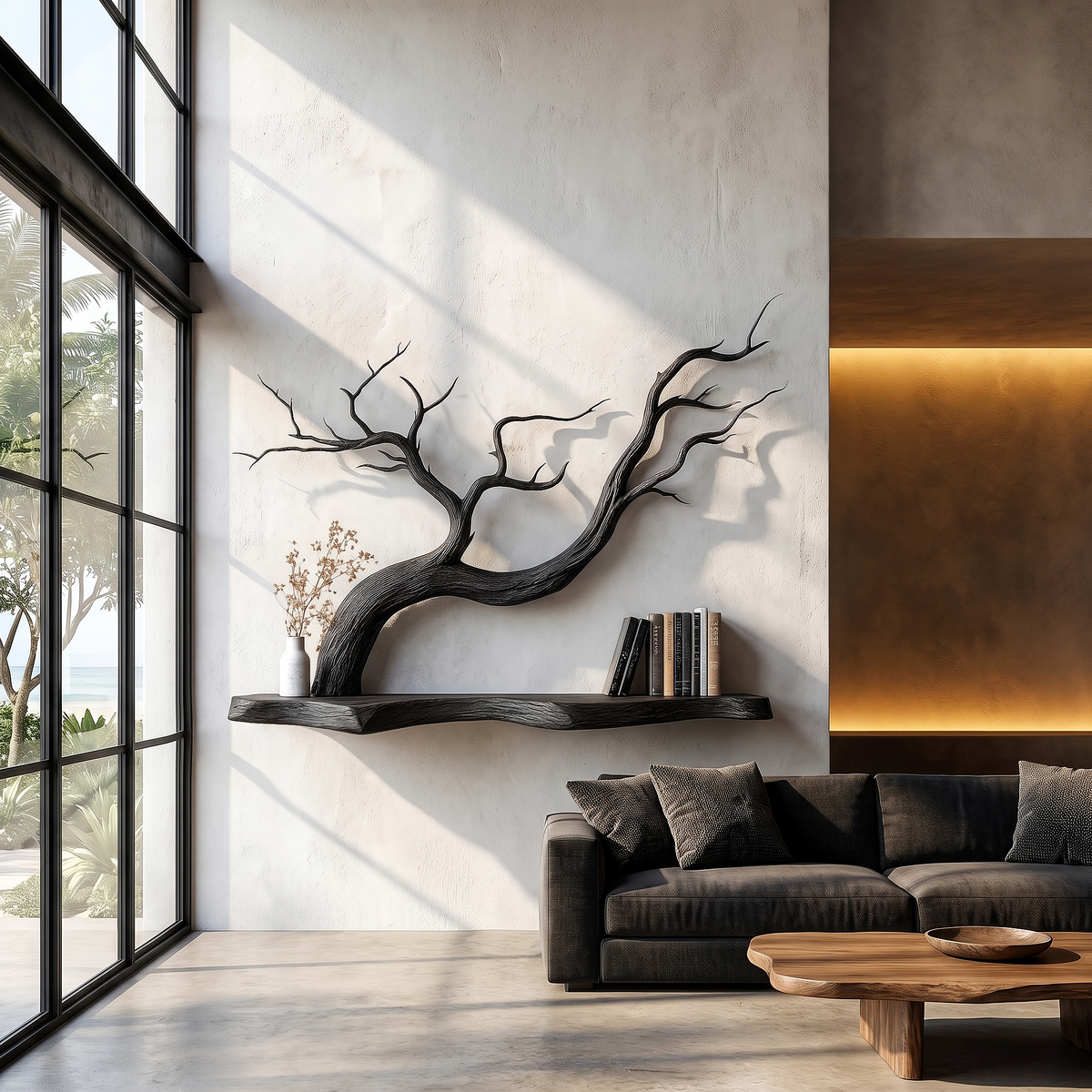 Black branch-shaped wall shelf holding books, above a dark sofa
