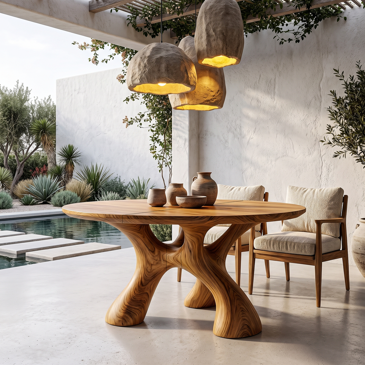 Round dining table on a sculptural base with chairs, on a terrace beside a pool