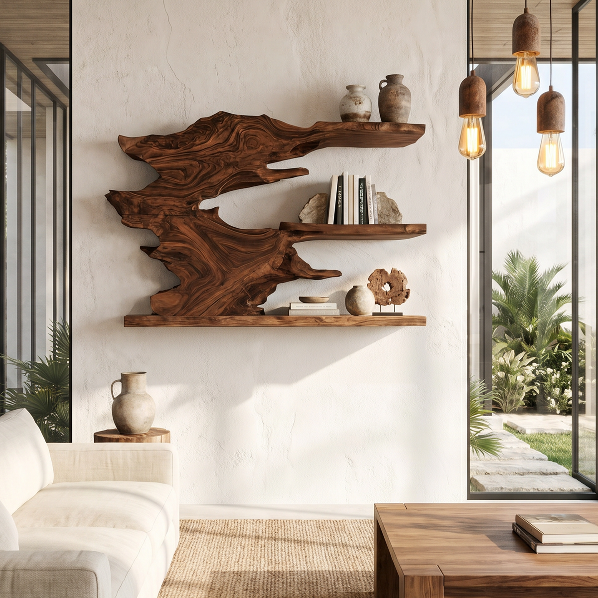 Branching wall shelf unit holding pots and bowls, next to a window