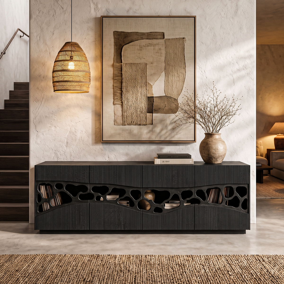 Long dark sideboard with a ribbed front, below framed abstract art and a woven pendant light