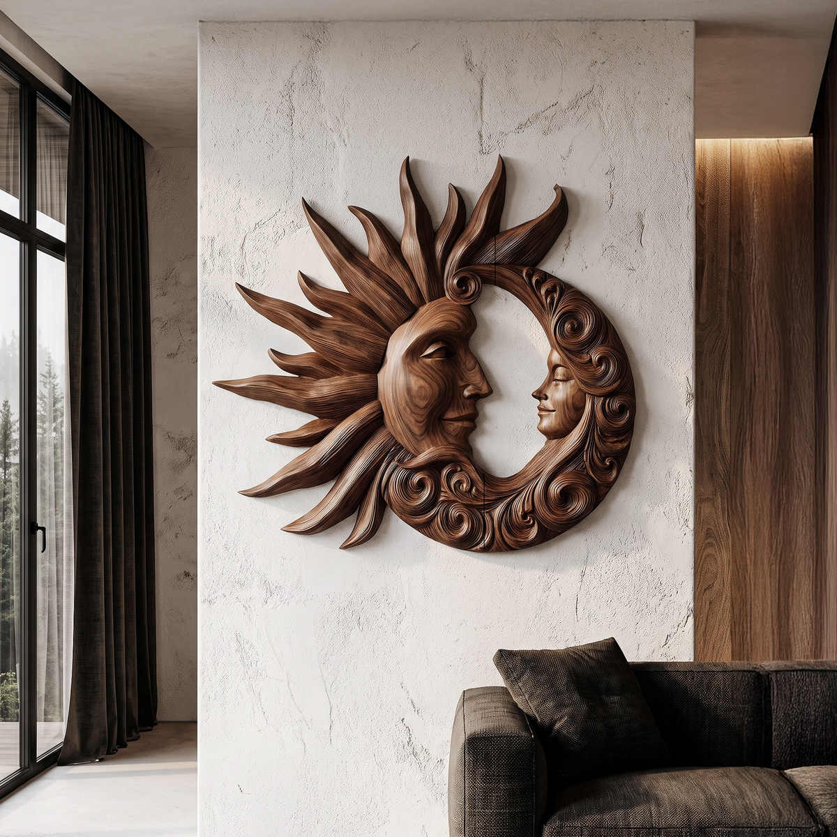 Carved sun and crescent moon face mounted on a white wall