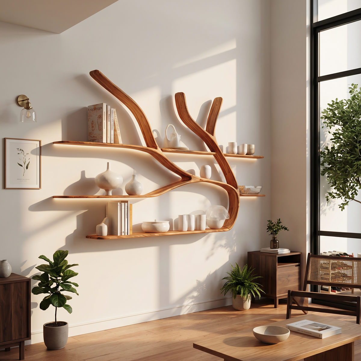 Branch-shaped wall shelving holding books and ceramics, with plants below