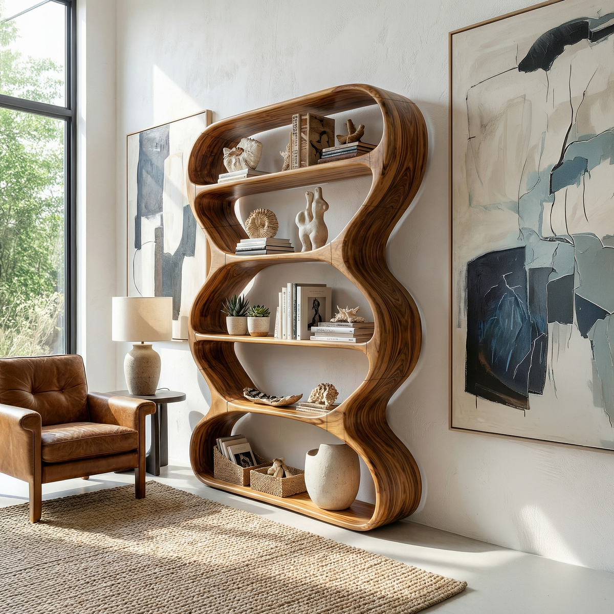 Tall freestanding bookshelf with wavy shelves holding books, beside an armchair