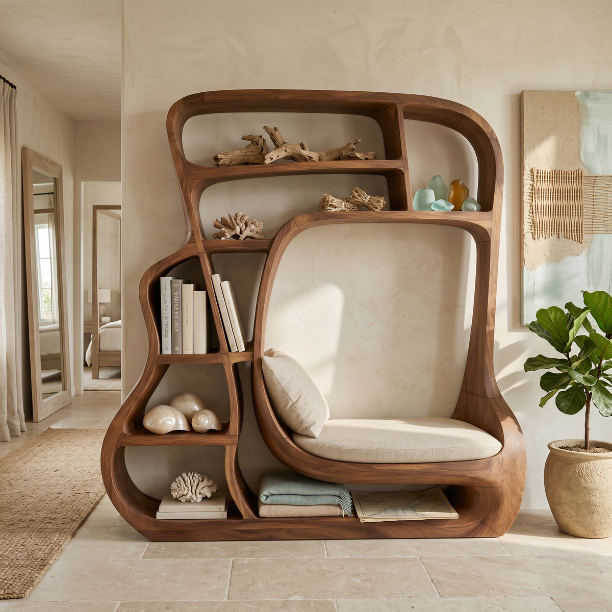 Tall rounded shelving unit with a built-in seat cushion, holding books and a plant