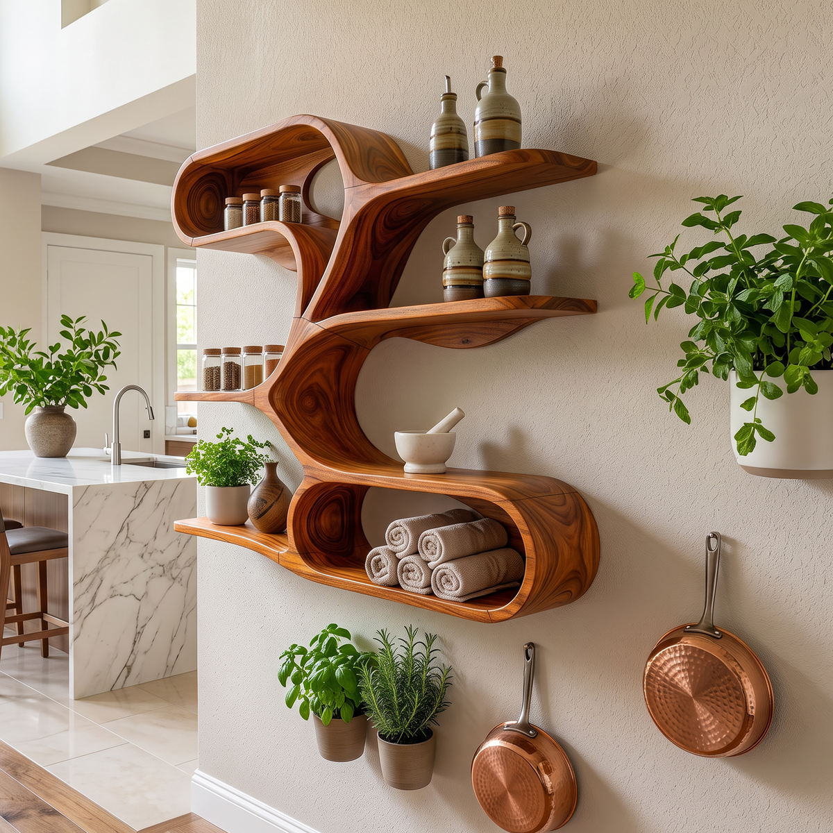 Curved wall shelves holding jars and trailing plants in a kitchen