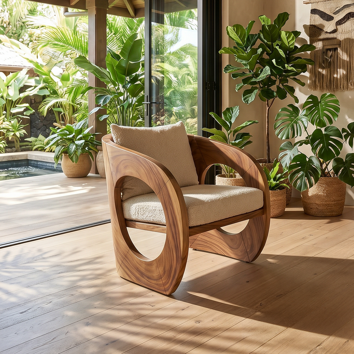 Armchair with a thick curved frame and a cream seat cushion, surrounded by potted plants
