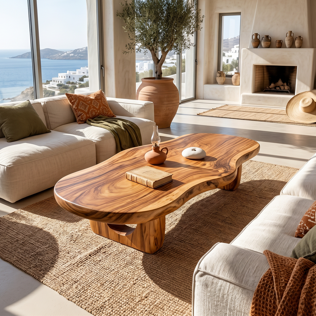 Low coffee table with an irregular outline on a rug, in front of a sofa with a sea view behind