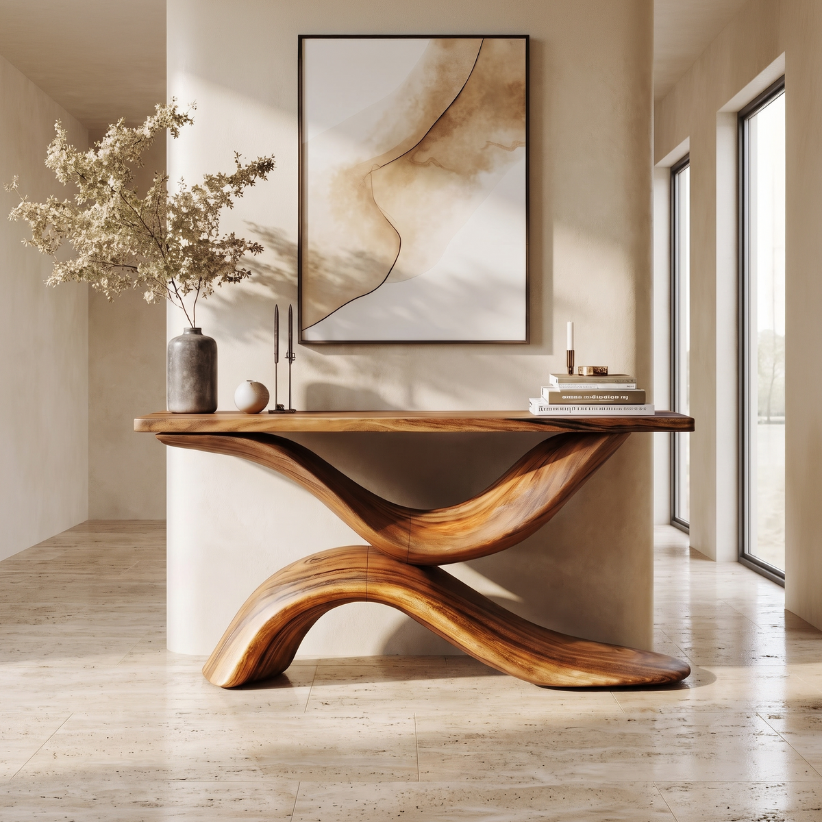 Console table with curved legs and a natural-edge top, below a framed artwork