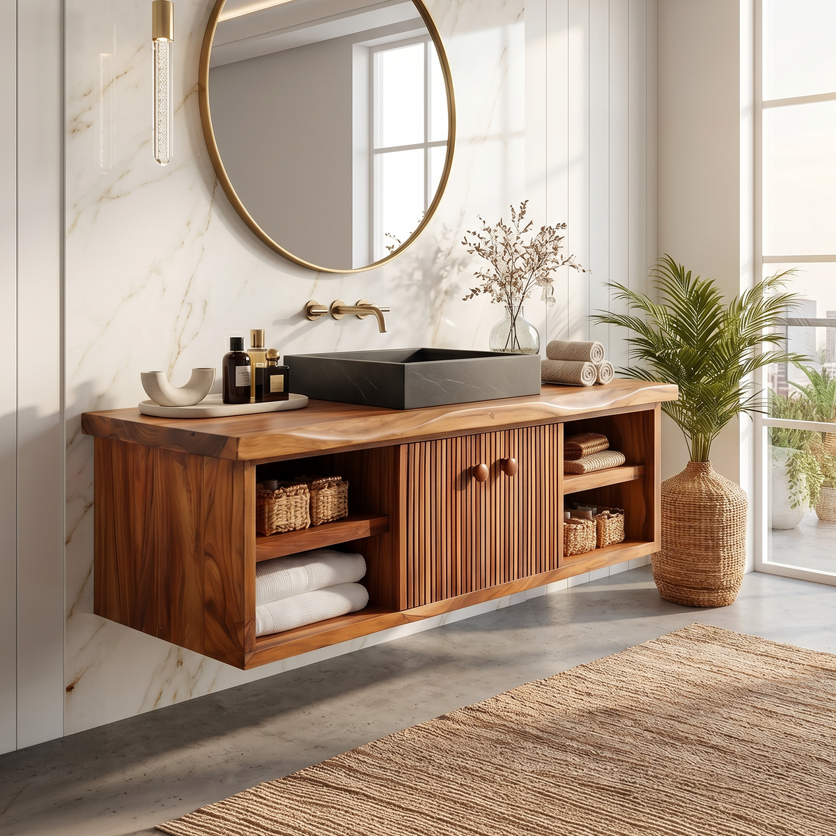 Long wall-mounted vanity with a dark basin and a round mirror above