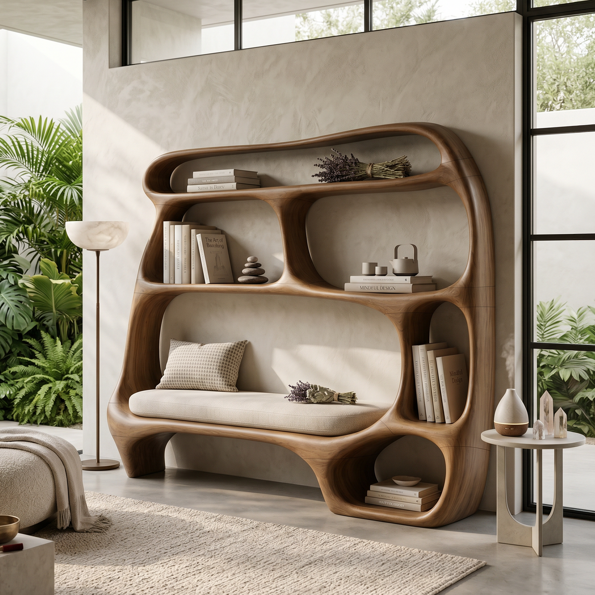 Large shelving and seating unit with rounded openings, beside glass doors