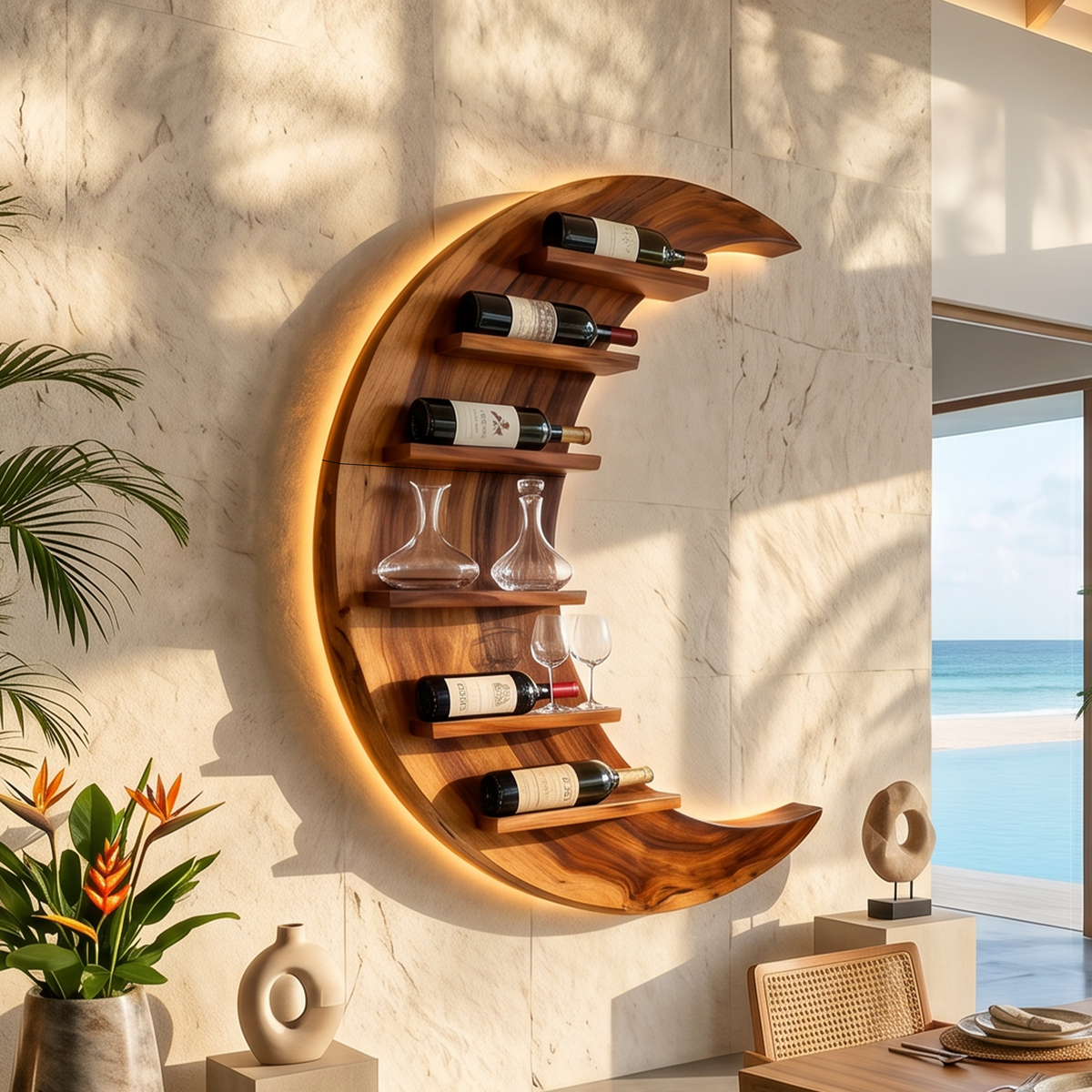 Crescent-shaped wall wine rack holding bottles, beside a window