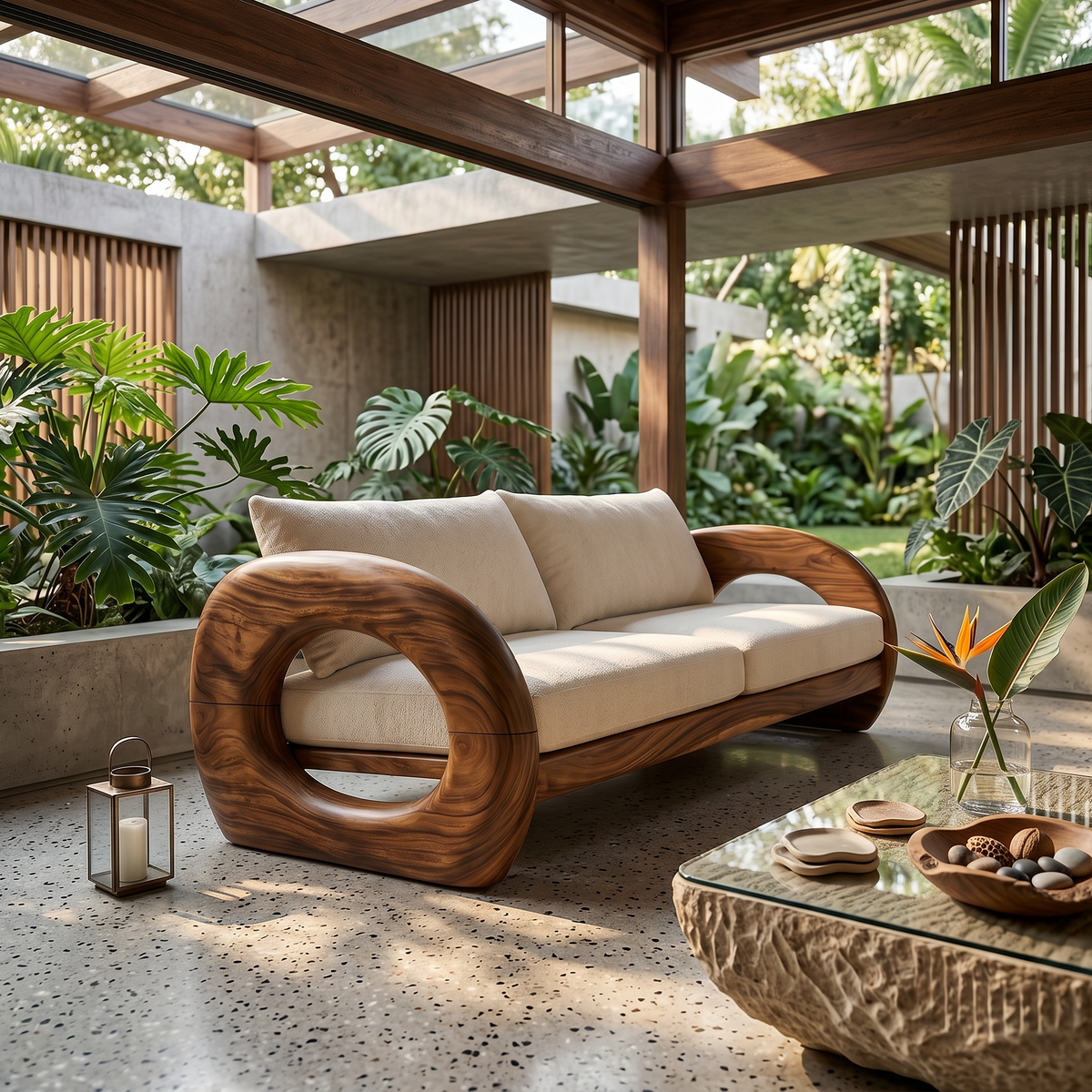 Cream sofa with a thick round armrest, in a room opening onto tropical planting