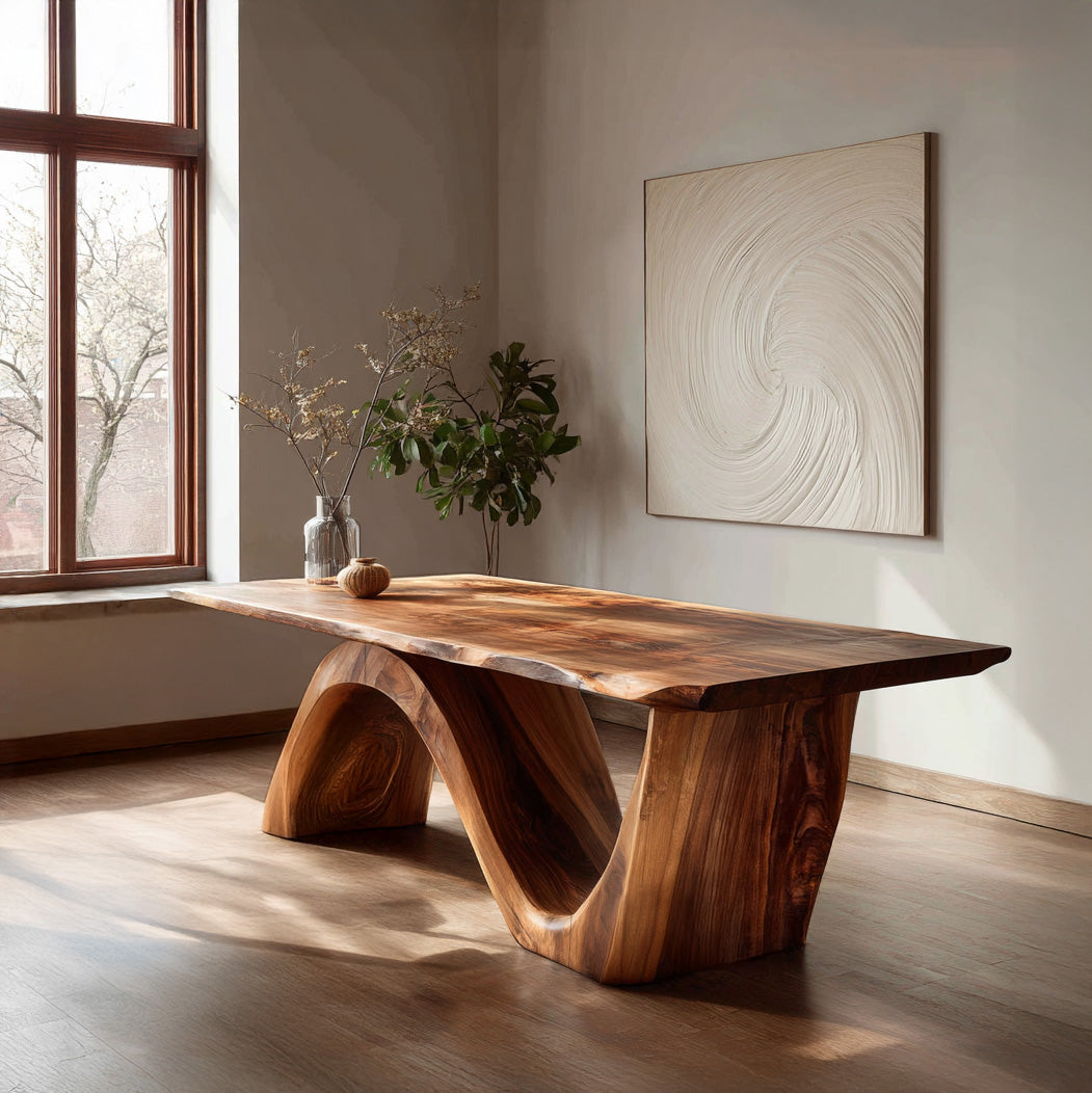 Thick table with a natural edge on a sculptural base, below framed art