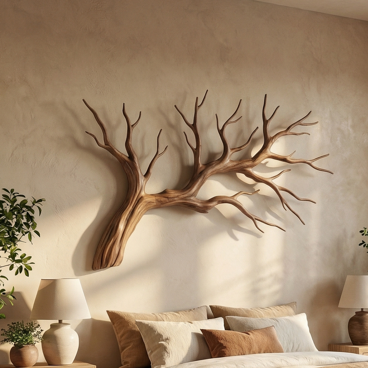 Branch-shaped wall sculpture mounted above a sofa
