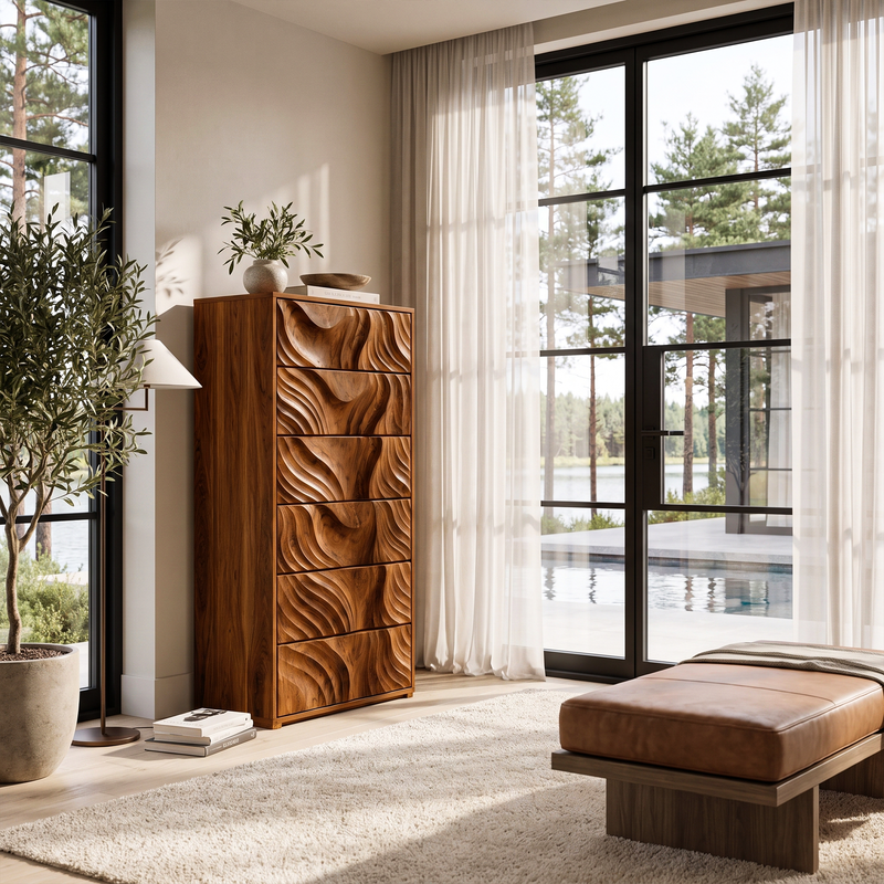 Organictall Dresser with Ripple Carved Drawer Fronts, solid hardwood, built to order