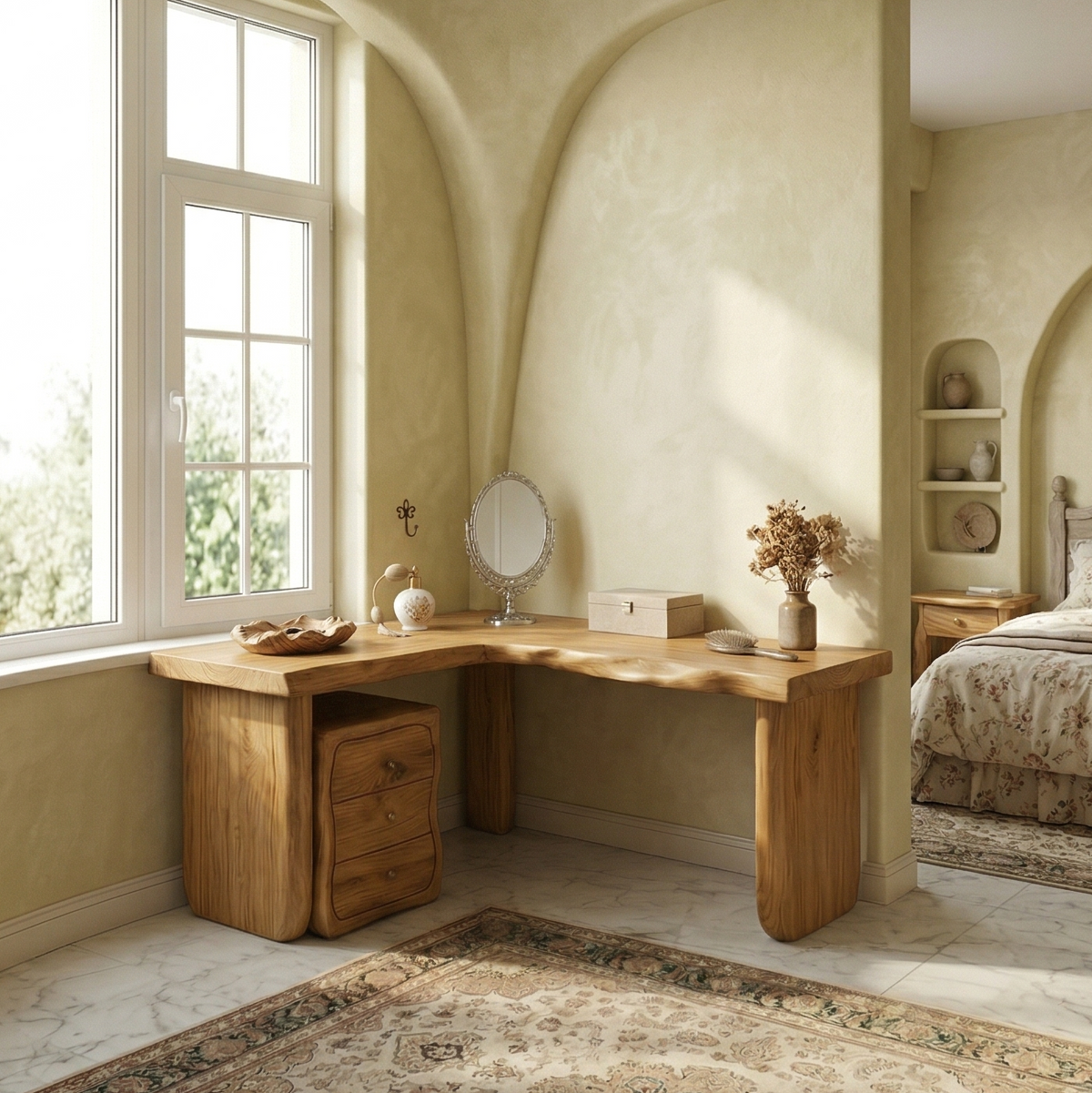 Minimal Organic Vanity Table Makeup Desk Corner L Shape Bedroom and Vanity Area, solid wood, built to order