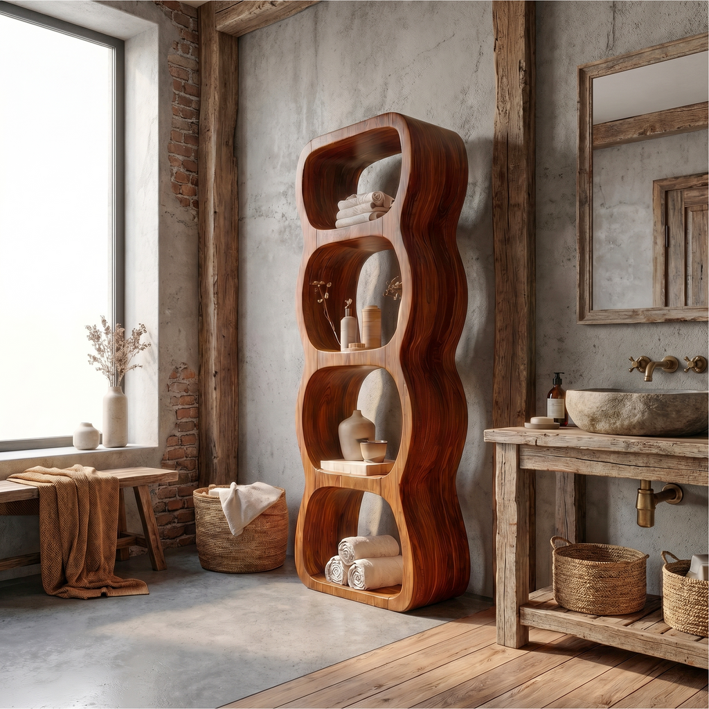 Rustic Bathroom Cabinet with Curved Wave Shape Design, solid wood, built to order