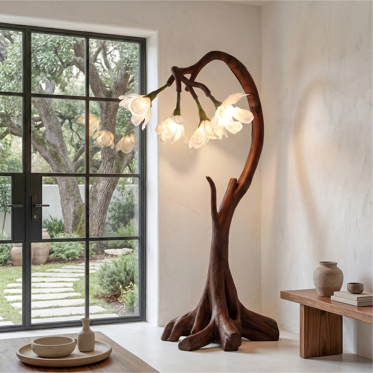 Bloom Floor Lamp with Sculptural Wooden Stand, solid wood, built to order