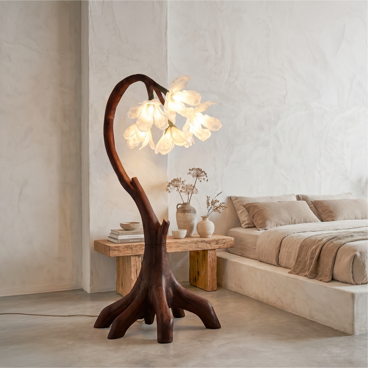 Organic Floral Floor Lamp, solid wood, built to order