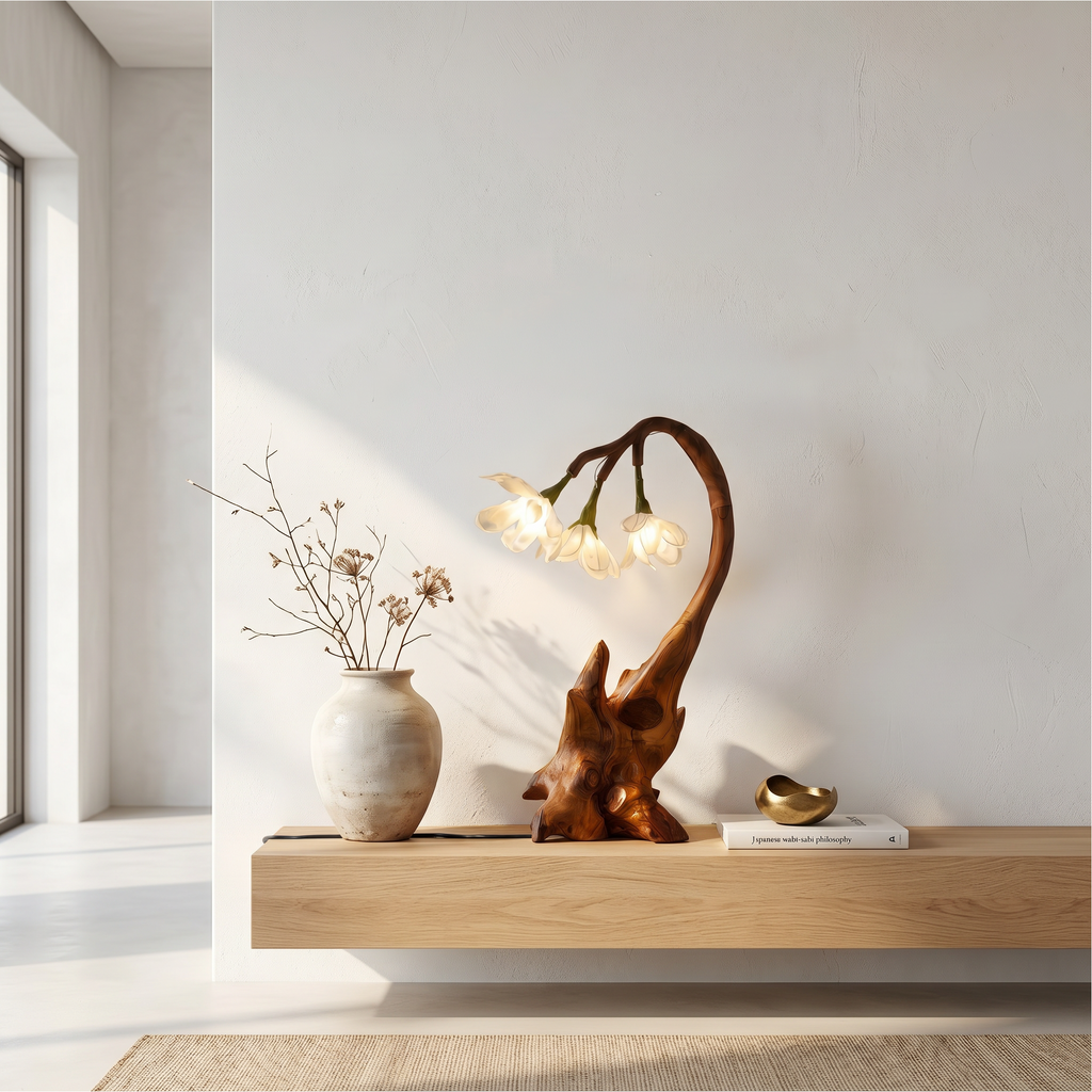 Modern Floral Table Lamp with Sculptural Base, solid wood, built to order