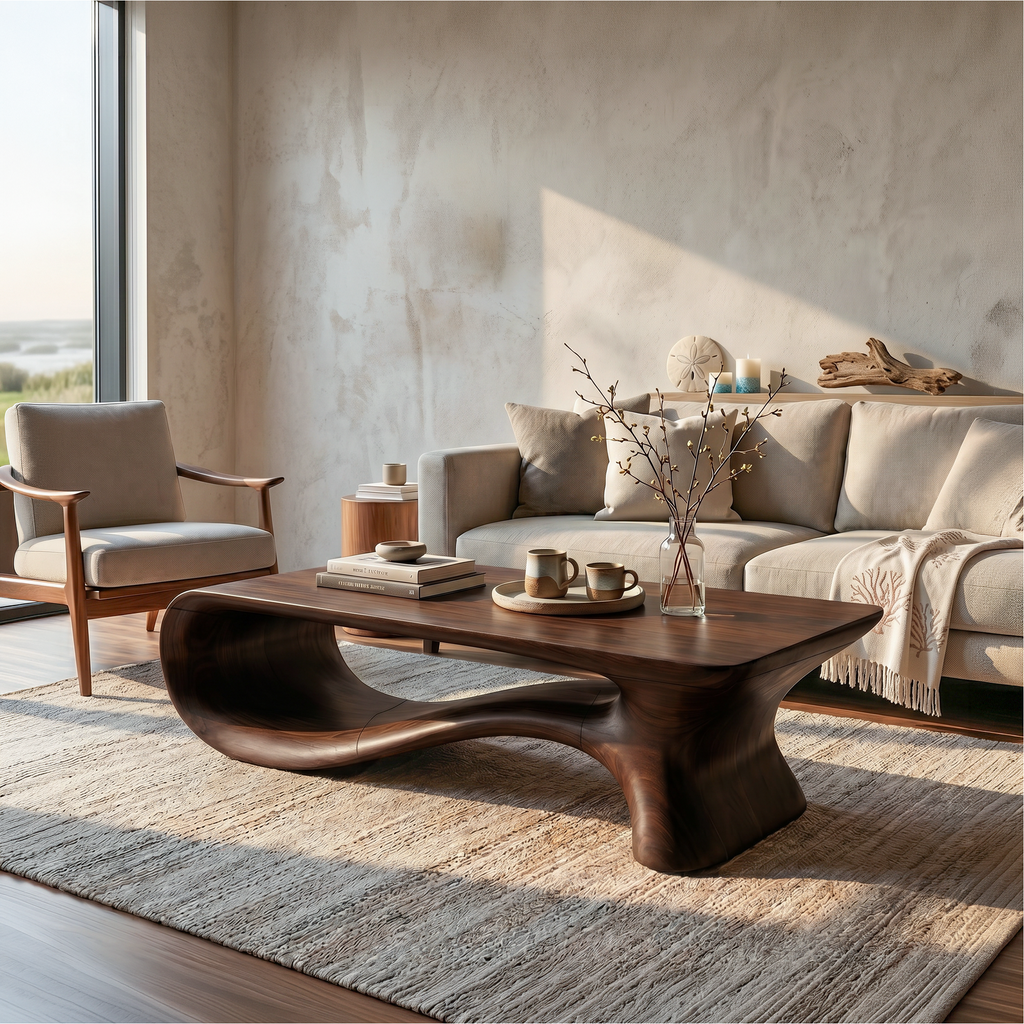 Modern Coffee Table with Flowing Organic Silhouette, solid wood, built to order