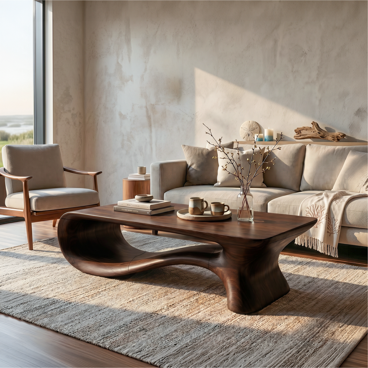 Modern Coffee Table with Flowing Organic Silhouette, solid wood, built to order