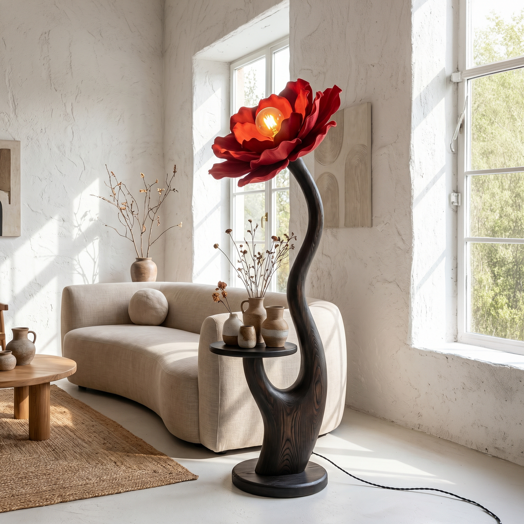 Organic Floor Lamp with Built in Bedside Table and Flower Shade, solid wood, built to order