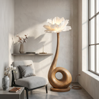 Modern Floor Lamp with Sculptural Loop Base and Floral Shade, solid wood, built to order
