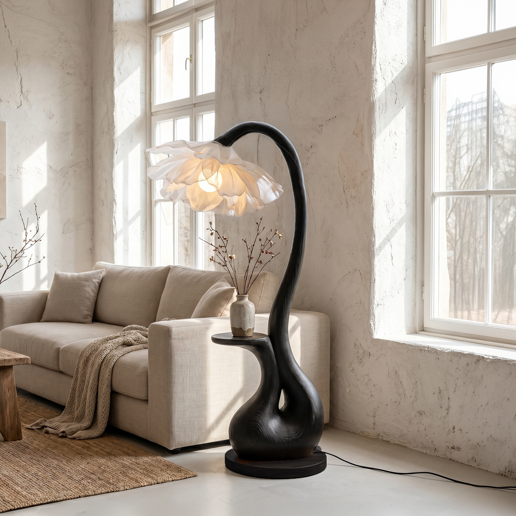Modern Floor Lamp with Sculptural Curved Base and Display Shelf, solid wood, built to order