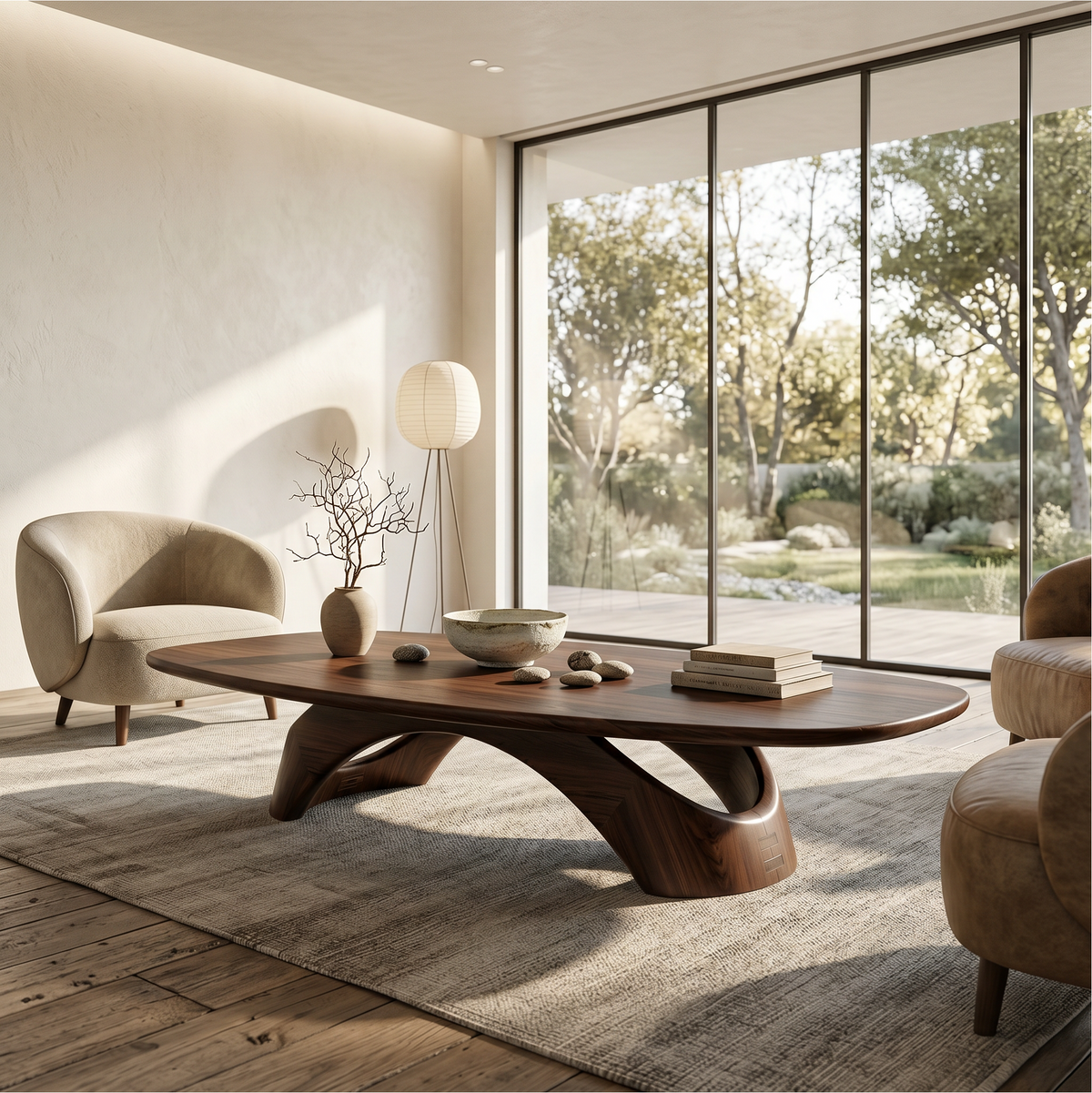 Rustic Coffee Table with Sculptural Base, solid wood, built to order