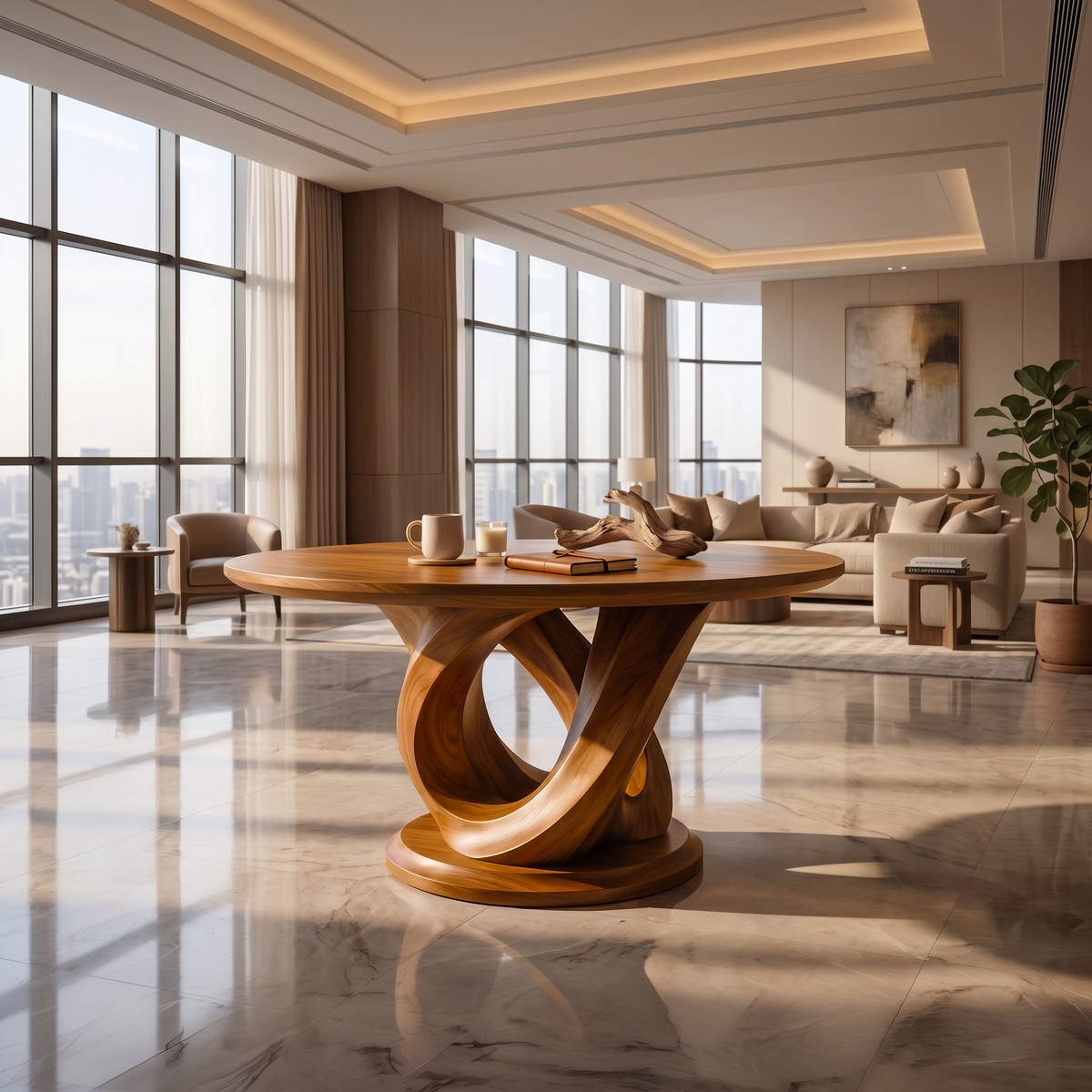 Modern Foyer Table Sculptural Base, solid wood, built to order