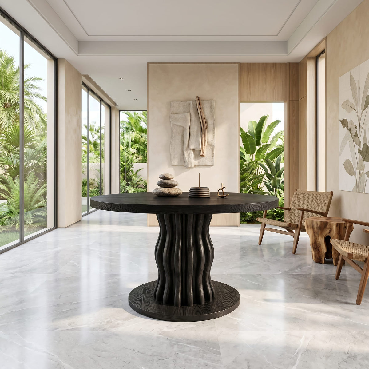 Contemporary Round Entryway Table with Wavy Vertical Form, solid wood, built to order