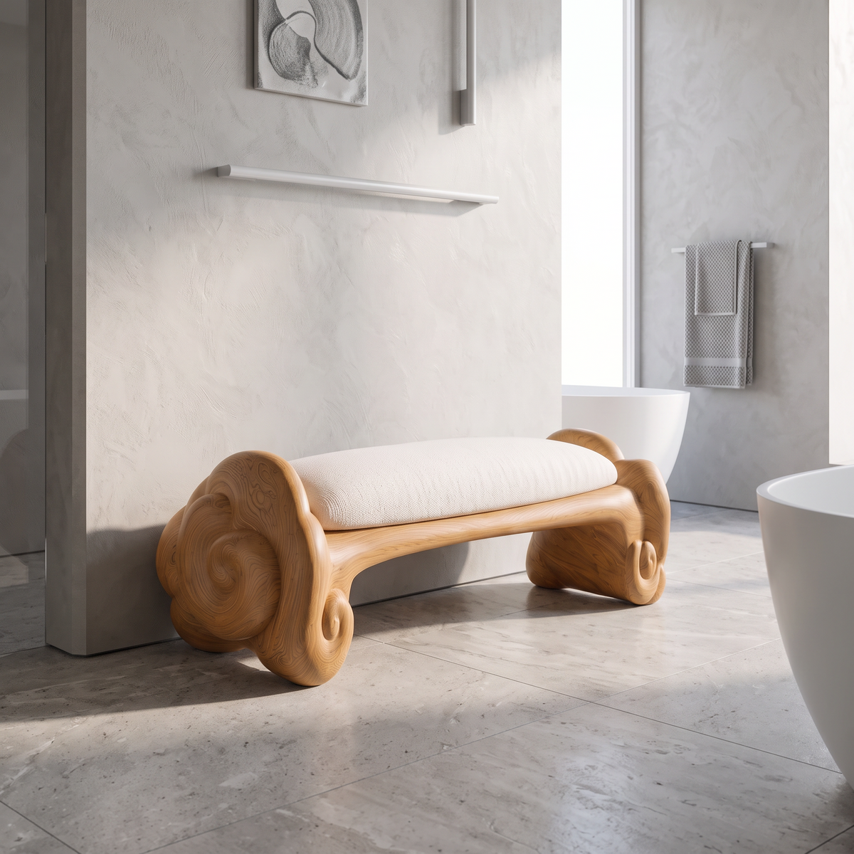 Minimalist Accent Bench with Rounded Cloud Shaped Legs, solid wood, built to order