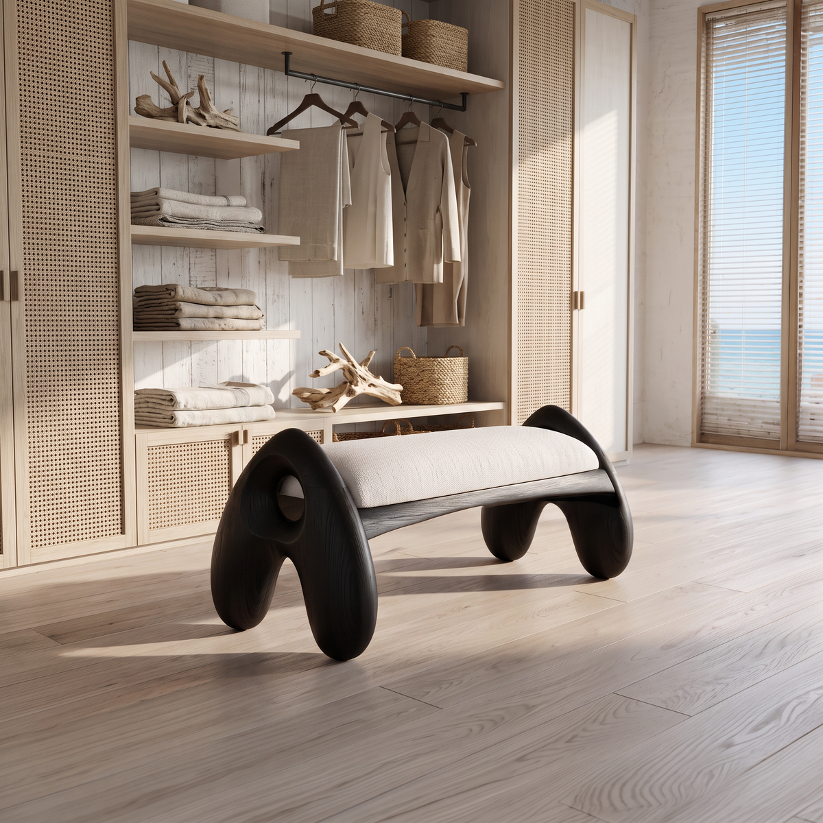 Minimalist Accent Bench with Angled a Legs, solid wood, built to order