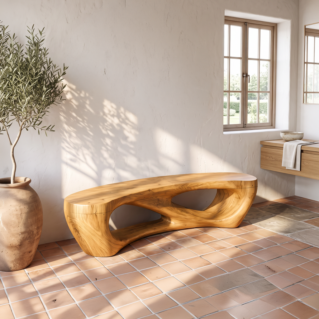 Mid Century Accent Bench with Rounded Arch Base, solid wood, built to order