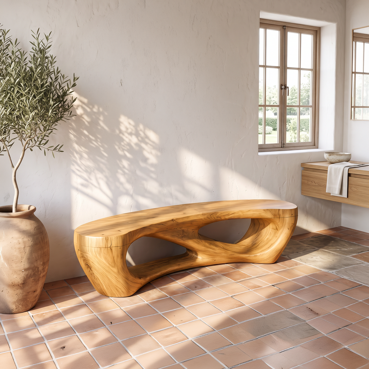 Mid Century Accent Bench with Rounded Arch Base, solid wood, built to order