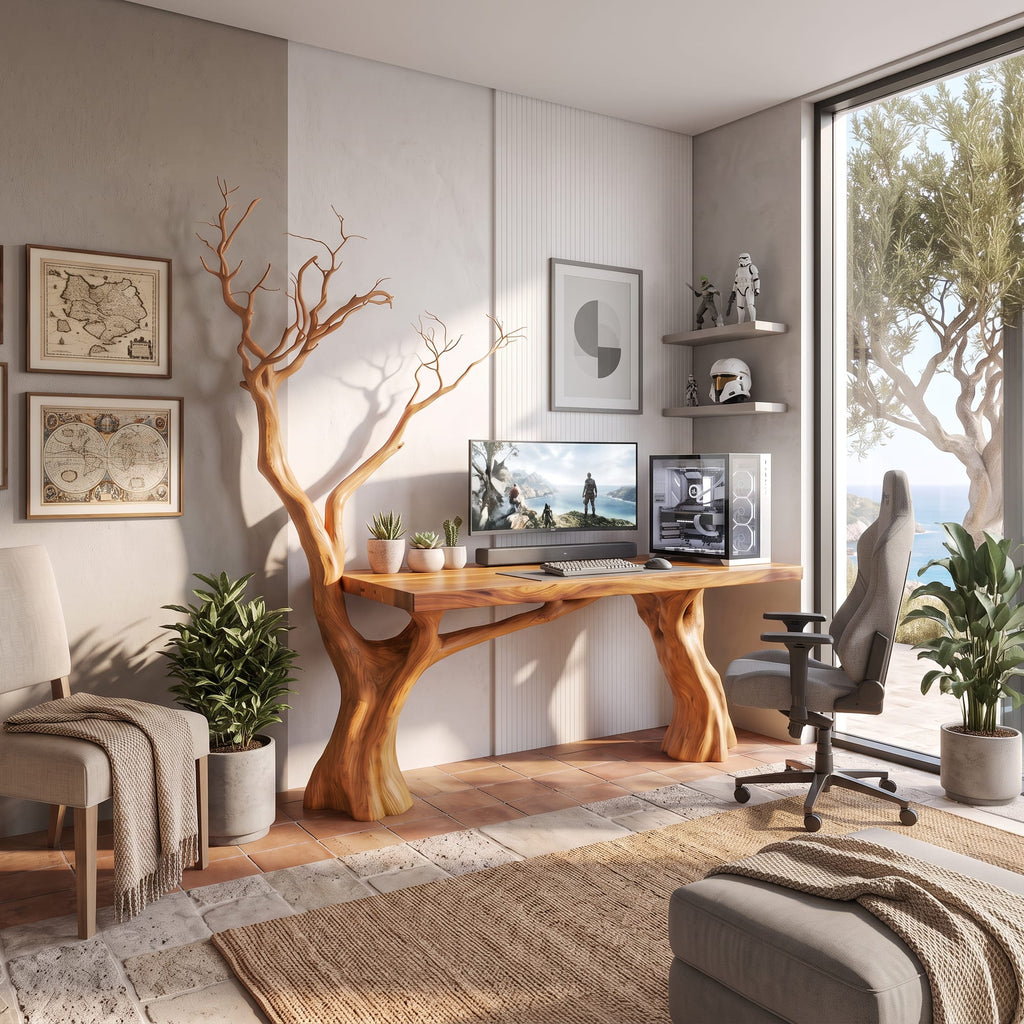 Rustic Computer Desk with Branch Inspired Base, solid wood, built to order