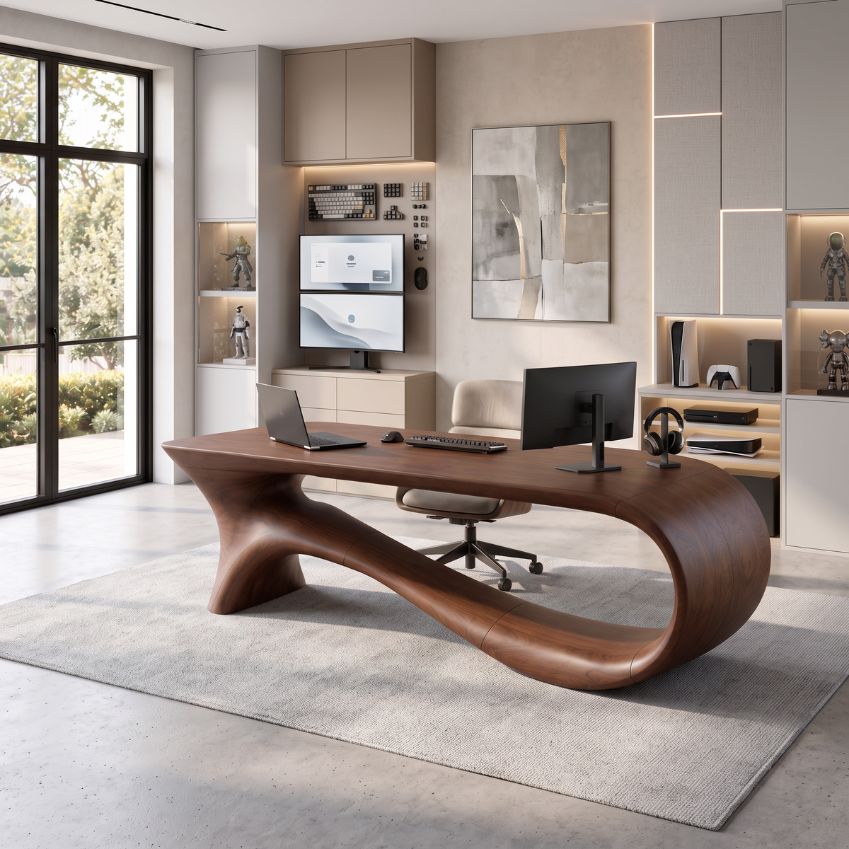 Contemporary Office Desk with Asymmetrical Curved Legs, solid wood, built to order