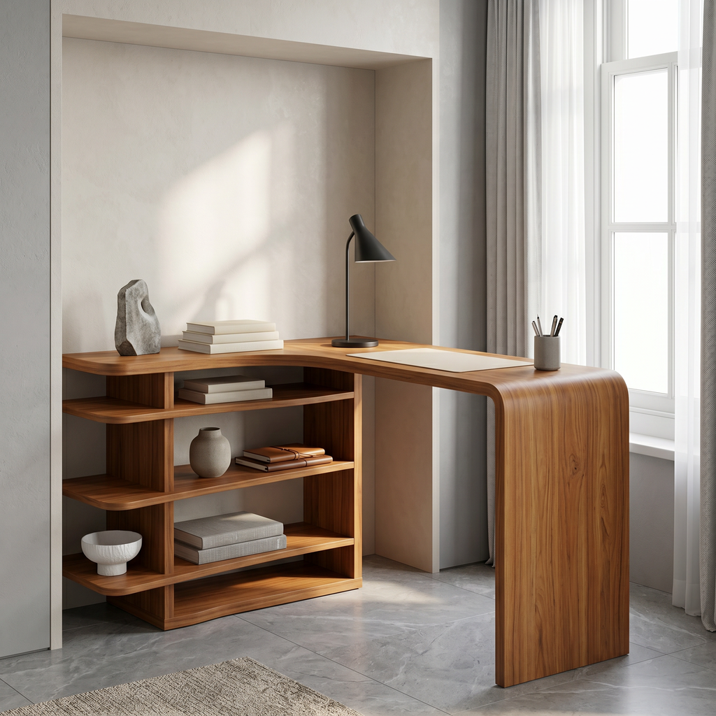 Minimalist Desk with Functional Storage Shelves, solid wood, built to order