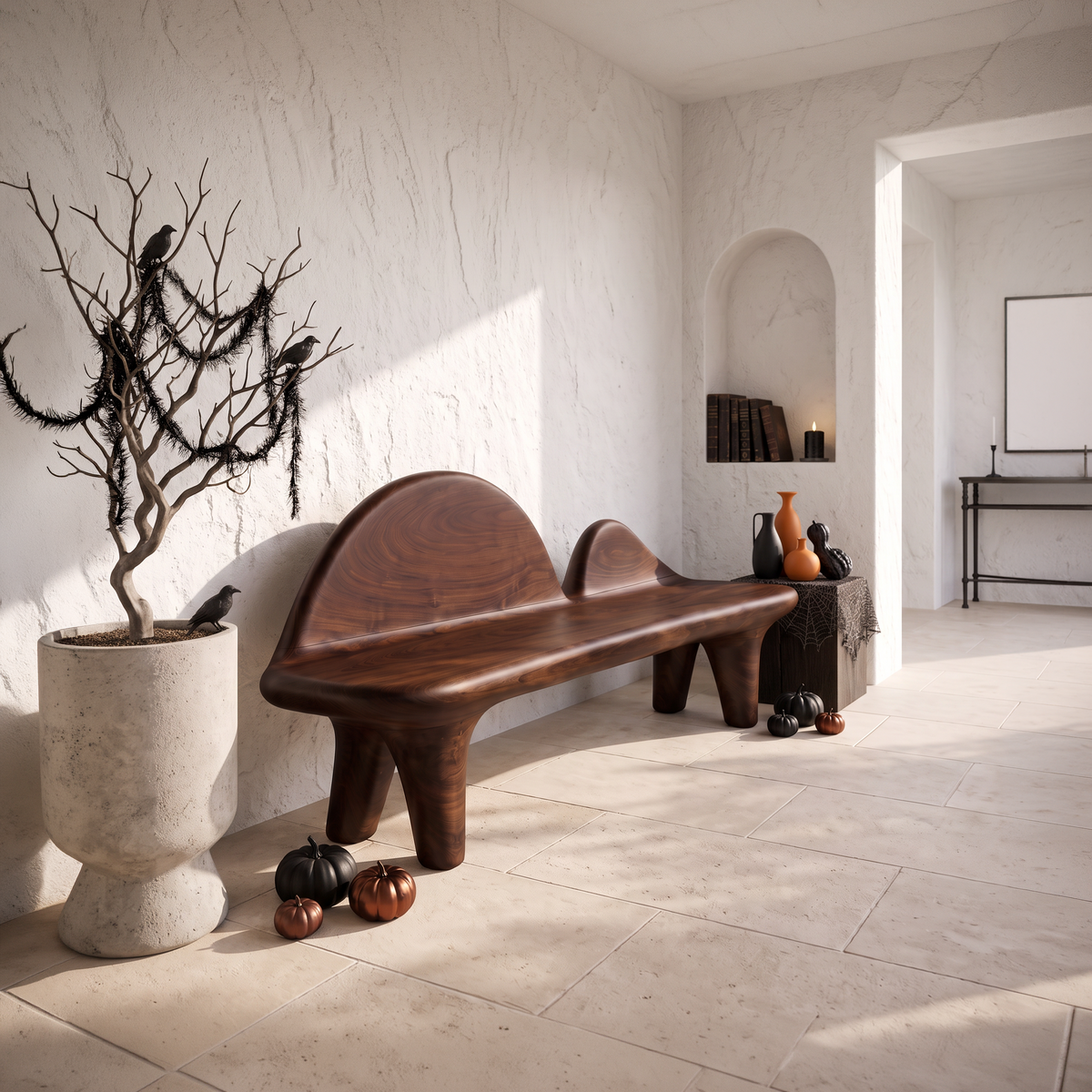 Modern Bench with Sculptural Curved Backrest, solid wood, built to order