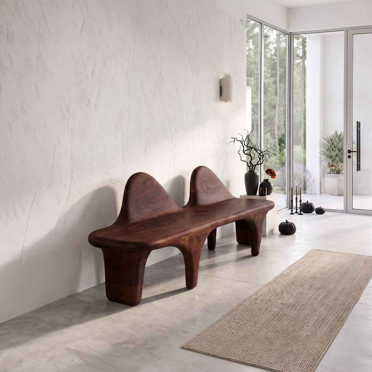 Organic Wooden Bench with Flowing Back Design, solid wood, built to order