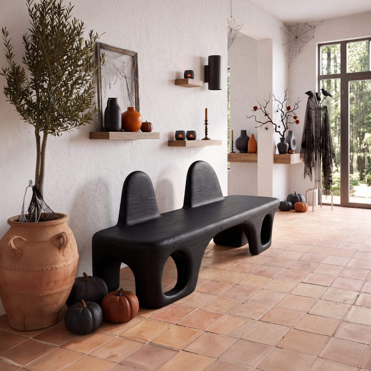 Mid Century Bench with Rounded Back Panel, solid wood, built to order