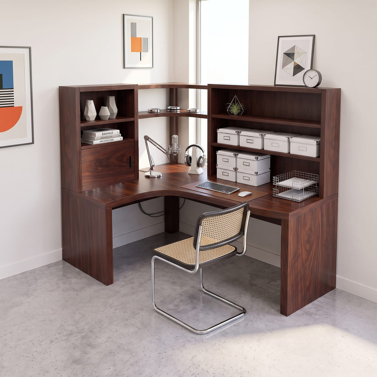 Contemporary Corner Desk with Built in Bookcase, solid wood, built to order