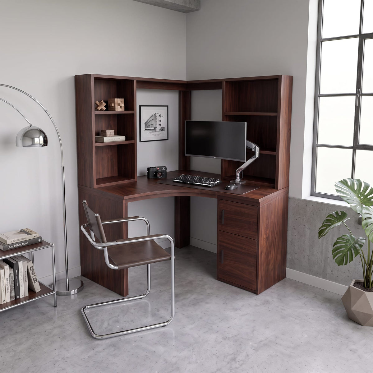 Modern Bookcase Desk with Integrated Upper Shelving, solid wood, built to order