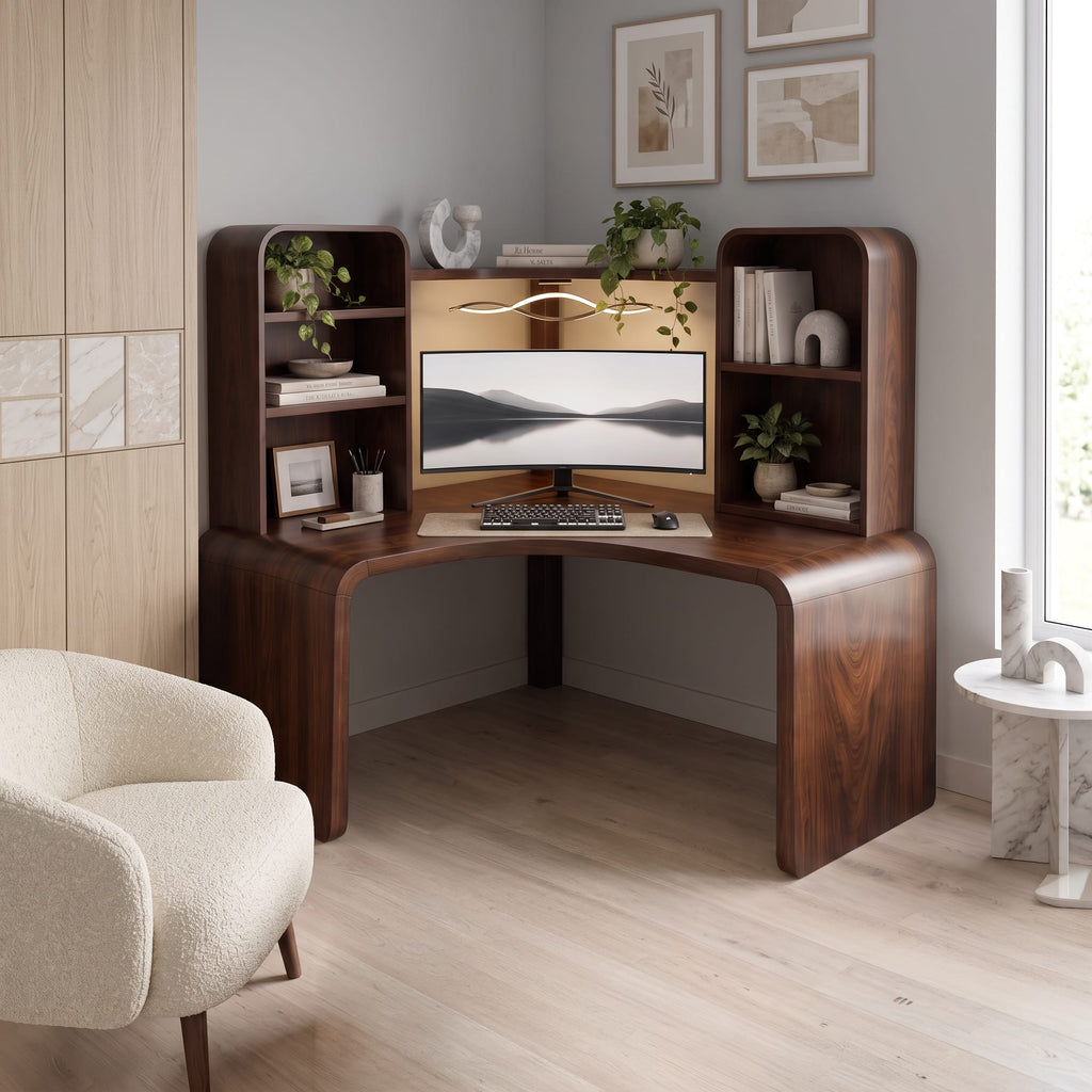 Contemporary Computer Desk with Corner Bookcase, solid wood, built to order