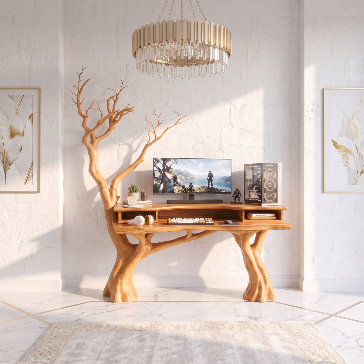 Organic Office Desk with Branch Inspired Frame, solid wood, built to order